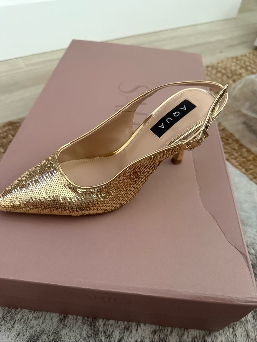 Aqua Gold Sequin Pointed Slingback Kitten Heel